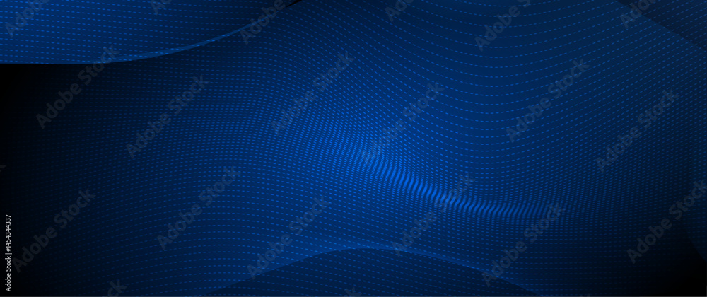 Poster Illustration vector abstract wave, flow line, motion pattern and particle dot on dark blue background. Modern futuristic, big data design for background. Digital datum, high tech, technology concept