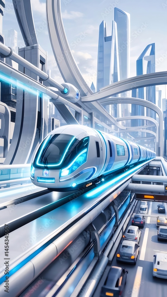 Aufkleber 未来都市の高速鉄道 高層ビル群と青い光を放つ電車 現代的な交通インフラ