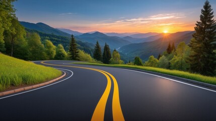 Scenic winding mountain road through green forest landscape towards sunset or sunrise horizon