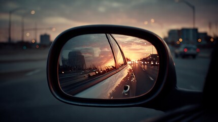 Sunset highway reflection in side mirror, urban city twilight drive scene