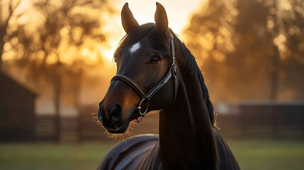Obraz premium A majestic black horse with a bright white marking stands out in the soft morning sunlight.
