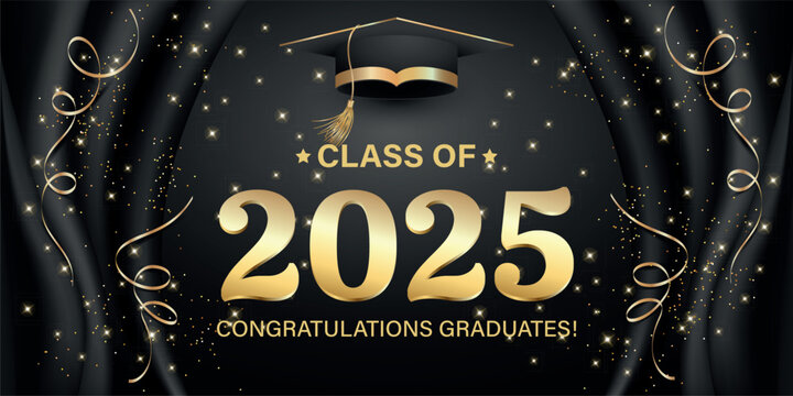 Vector illustration. Class of 2025 badge design template in black and gold colors. Congratulations graduates 2025 banner sticker card with academic hat for high school or college graduation