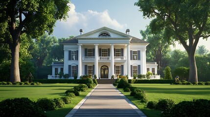 Obraz premium Spacious, stately plantation home with manicured grounds.