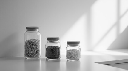 Minimalist glass jars filled with various grains, showcasing modern kitchen aesthetic with soft shadows and natural light