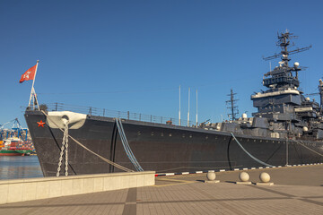 The museum ship is moored at the eternal parking lot in the port of Novorossiysk. A Soviet cruiser...