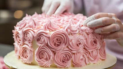 Chef decorating a tiered pink rose cake