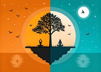 Day and night yoga meditation nature scene silhouette with tree and flying birds