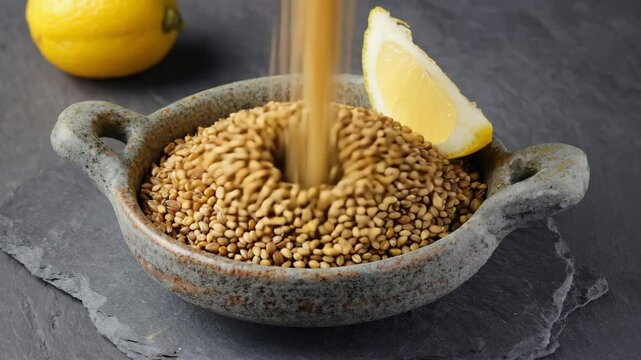 Bowl of freekeh with a lemon wedge, Warm ambient light, Simple and wholesome, Inviting and healthy mood
