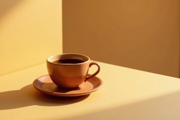 A warm cup of coffee rests on a saucer, bathed in the soft glow of sunlight against a muted yellow backdrop