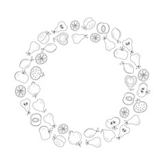 Set slices, whole fruits. Frame, border round. Linear icons. Simple abstract fruits with leaves. Vitamin natural vegetarian food, garden crop, harvest. Drawing, sketch, white background.