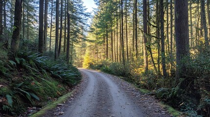 Obraz premium Sunlight filtering through a forest path.