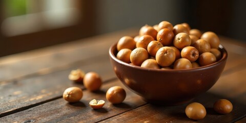 A rustic bowl brimming with ripe, golden-hued fruits, scattered on a weathered wooden surface, bathed in soft, natural light, presents a still life of autumnal abundance.
