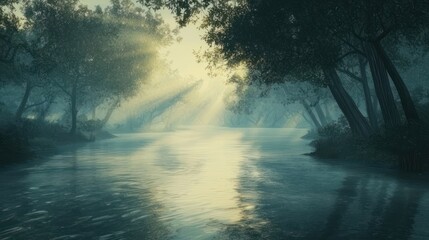 River flowing through a deep forest, mist rising from the water, soft sunlight filtering through the trees