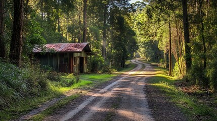 Rustic cabin nestled within a sunlit forest path.