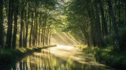 River surrounded by towering trees, morning fog lifting with sunlight casting rays through the woods
