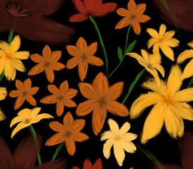 Seamless flower pattern. Abstract pattern. Oil pant flower. Textile print pattern. Black background. Yellow and orange flower.