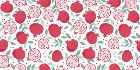Pomegranate, slices, whole fruit, leaves. Seamless natural pattern with simple abstract fruit. Vitamin natural vegetarian food. Color flat illustration, graphics.