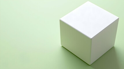 Fototapeta premium A single white cube sits on a pale green surface. The cube's smooth, unadorned sides are oriented toward the viewer
