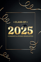 Vector illustration. Class of 2025 badge design template in black and gold colors. Congratulations graduates 2025 banner sticker card with academic hat for high school or college graduation