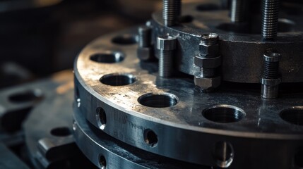 Fototapeta premium Close-up of metal plates with fasteners in industrial setting