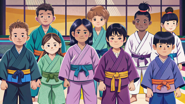 Group of kids of various ages wearing traditional martial arts kimono vector, standing together in dojo. Perfect for karate, taekwondo, discipline, and youth sports training themes