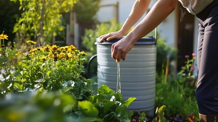 Harvesting Water from Rain Barrel in a Lush Organic Garden Environment