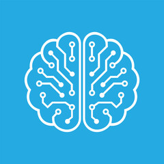 White Brain Circuit on Blue Background. AI Technology Vector Icon