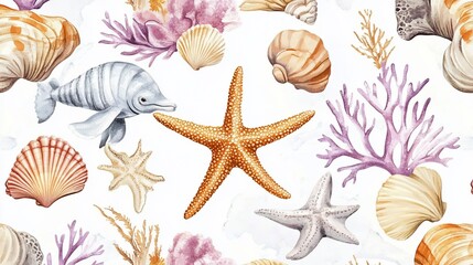 Delicate watercolor ocean pattern with seashells, starfish, and aquatic life