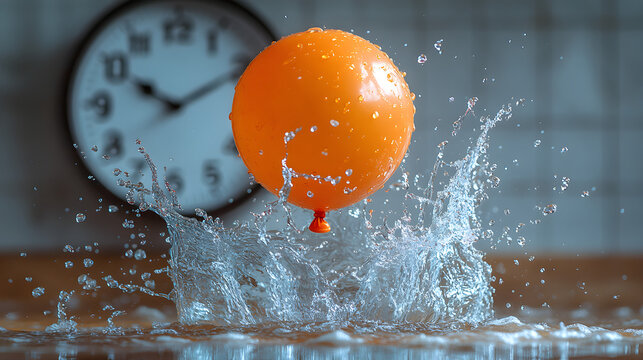 Bright orange balloon toy splashing into water with vintage clock backdrop