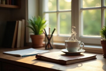 Peaceful morning workspace with a warm beverage and notebooks near a sunlit window
