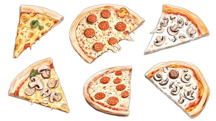 Illustration of assorted pizza slices with various toppings.