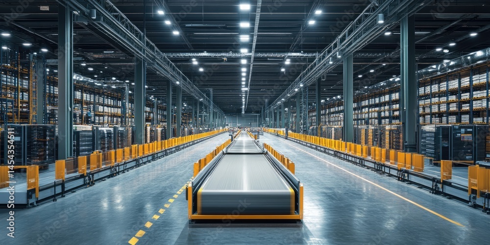 Poster A high-tech logistics center utilizing robotic sorting systems and neon-lit tracking screens, optimizing global deliveries.