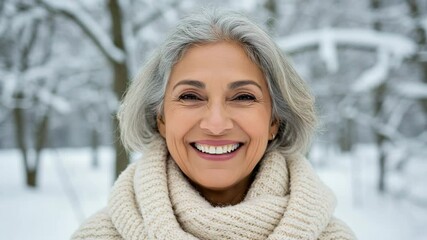 Close Up Portrait Of A Smiling Elderly Woman Wearing A White Scarf In A Snowy Park - Powered by Adobe