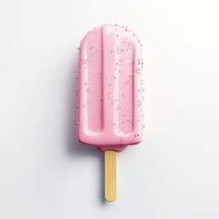 Single pink popsicle on white background, slightly melted, with water droplets and wooden stick