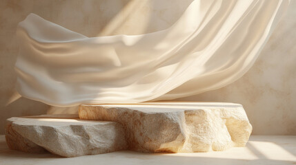 A beige stone podium with satin cloth floating above it, used as a premium 3D mockup for fashion or beauty product staging
