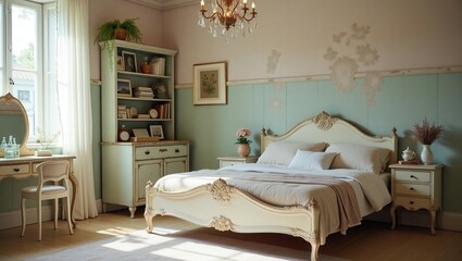 Fototapeta premium The cozy bedroom combines vintage charm and elegance with a cream-carved bed, pastel linens, floral pillows, a chandelier, white curtains, potted plants, framed art, books, and a rustic vanity set.