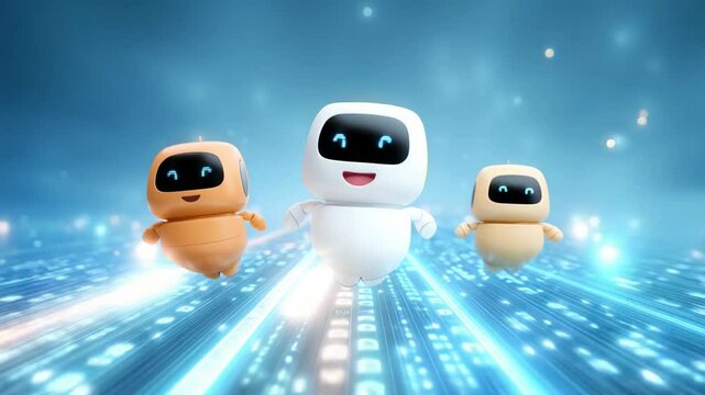 Smiling AI Mascots Floating in Digital Data Stream, Joyful AI Mascots Floating in a Futuristic Data World, Adorable AI mascots hover above a glowing data stream in a futuristic digital world