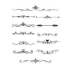 Text dividers doodle set. Wedding decorative elements. Divider ornament, borders, vintage line separators. Hand drawn vector illustration isolated on white background
