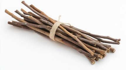 Small twig bundle tied with string, laid flat on white background