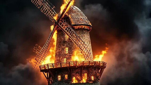 A dramatic scene of a windmill engulfed in flames against a dark, stormy sky, depicting chaos