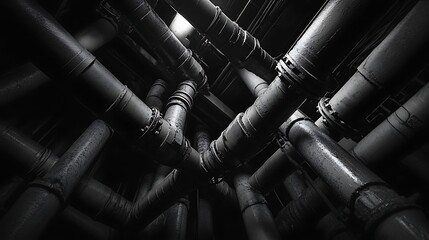 Intricate network of industrial pipes in a dark space.