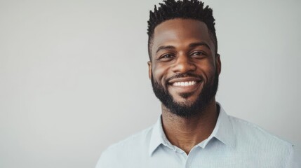 Fototapeta premium Smiling professional in studio setting, plain white background, soft shadows, business casual