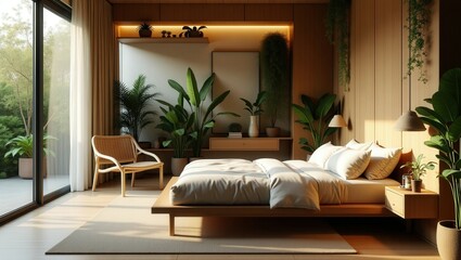 Obraz premium bedroom with warm wooden walls and floors, a cozy white-linen bed, a side table, and a chair. Glass doors lead to a lush patio adorned with potted plants, blending indoor comfort with outdoor serenity