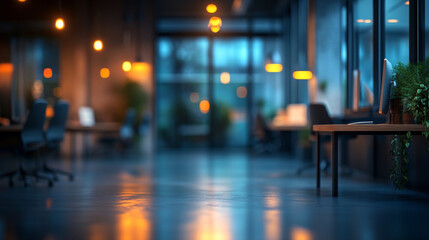 Fototapeta premium A dimly lit office interior is shown abstractly with a blurred effect, creating a moody modern workspace aesthetic