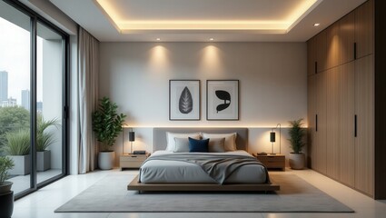 A contemporary bedroom with a modern feel, featuring a large bed framed by artwork, bedside tables with lamps, city views seen through expansive windows, and recessed ceiling lights.