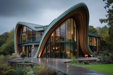 Fototapeta premium Stylish Eco Home Surrounded by Lush Green Landscape and Nature