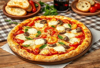 Veggie pizza on wooden table with red wine and garlic bread