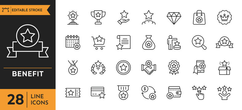 Benefit line icon set. Containing Reward, bonus, loyalty, star, winner, award, emploee, and more. Editable stroke. Vector illustration