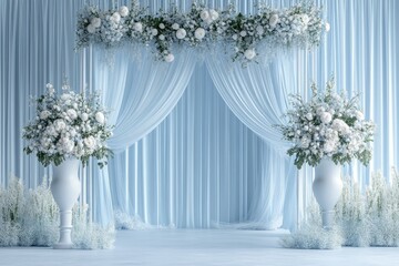 Elegant light blue wedding backdrop with cascading white flowers and drapes