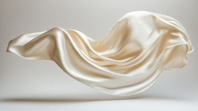 A flowing beige satin cloth floats vertically on a white background, representing grace and elegance in ceremonial settings